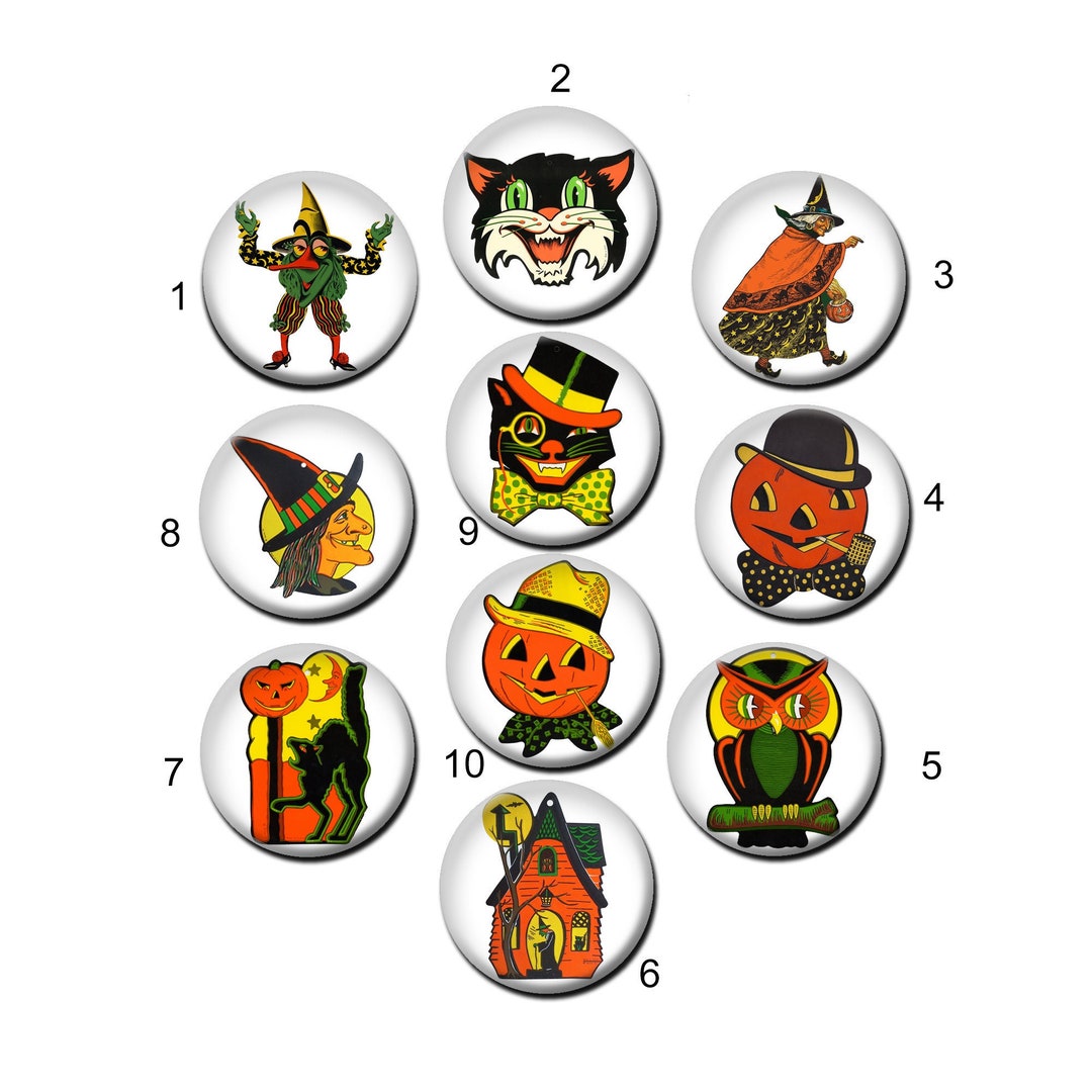 Set of 10 Vintage Halloween Metal Pin Back Buttons. 1" (25mm) or 1.5 ...