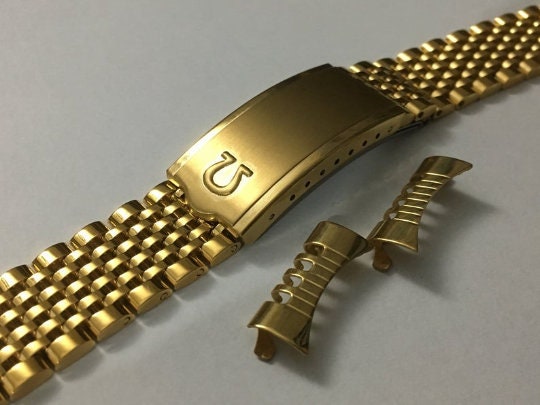 OMEGA 18mm 19mm 20mm Yellow Gold Plated Rice Bead Gents Watch Strap,Curved Lugs new.