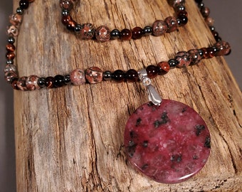 Rose stone pendant with tiger's eye, jasper and hematite necklace/bracelet SET.