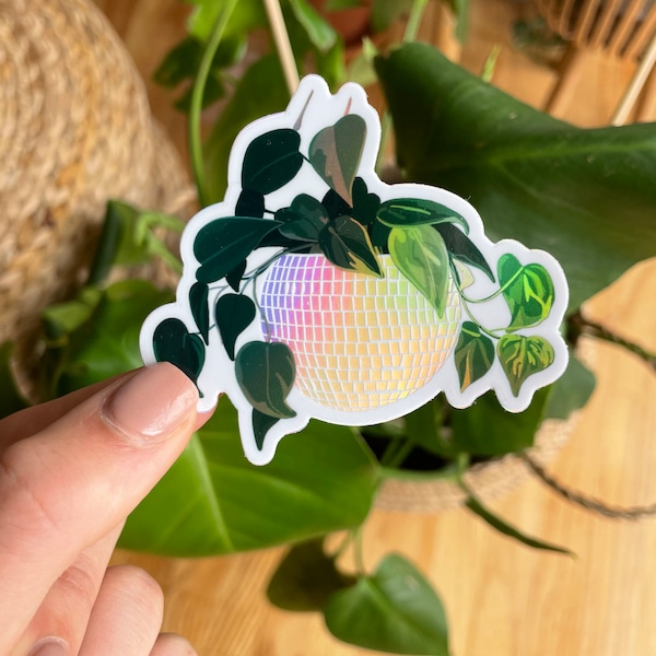 Holographic pothos plant vinyl sticker | Disco ball plant vinyl sticker | Groovy indoor plant sticker