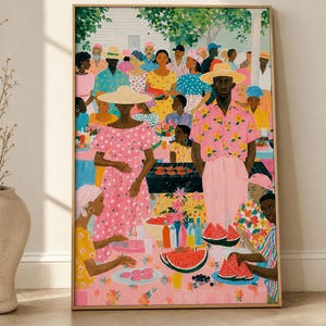 May include: A framed painting depicting a vibrant outdoor gathering with people wearing colorful clothing, including floral dresses and shirts. The scene features a table set with watermelon slices, drinks, and plates, set against a backdrop of trees.