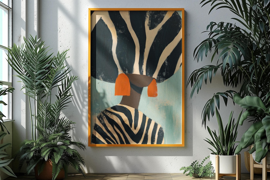 Neutral Wall Art, Afrocentric Abstract Black Woman Digital Print - Black & White Stripes
