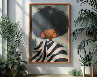 Neutral Wall Art, Afrocentric Abstract Black Woman Digital Print - Black & White Stripes
