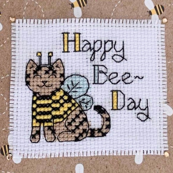 Happy Birthday Bee Day Bday Cat Cross Stitch Pattern Instant Download PDF