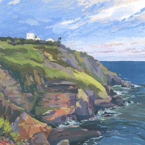 May include: An original landscape painting of a coastal scene with a cliff and the sea. The cliff is covered in green grass and topped with a white building. The water is a deep blue, and the sky is a light blue with white clouds. The painting is signed "ADX 20".