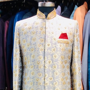 Gold Embroidered Brocade Sherwani Set: Men&#39;s Wedding Outfit