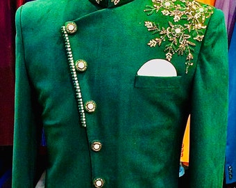 Green Velvet Indo Western Sherwani: Embroidered Indian Wedding Suit.