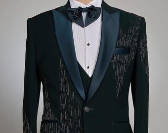 Emerald Green Embroidered Tuxedo Suit: Groom, Prom, Party
