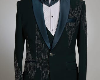 Emerald Green Embroidered Tuxedo Suit: Groom, Prom, Party