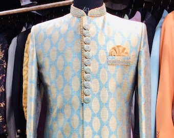 Embroidered Brocade Silk Sherwani: Peacock Blue Indian Wedding Outfit