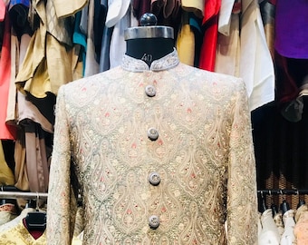 Greenish Grey Mulberry Silk Sherwani: Zardozi Embroidered Groom Wedding Outfit