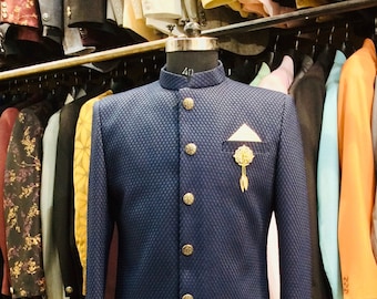 Blue Quilted Silk Indo Western: Slim Fit Sherwani Suit