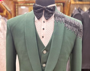 Green suit with black embroidery for men