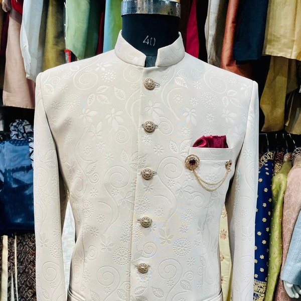 Floral embossing Ivory badhgala suit with metal golden button and pocket square for men l prince suit | jodhpuri suit l galabandh 2 pieces