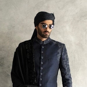 Hand embroidered navy blue silk sherwani with white kurta and boot cut pants for groom|wedding sherwani for men|african men wedding dress