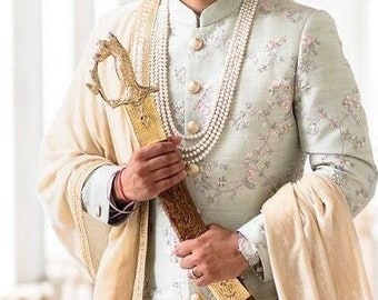 Hand Embroidered Pista Green Raw Silk Sherwani Set: Indian Wedding Outfit