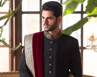 Men's Black Silk Sherwani, Golden Handwork, Maroon Stole, Indian Wedding Groom Wear