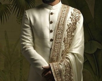 Ivory Silk Groom Sherwani Set: Indian Wedding Outfit with Shoes