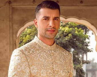 Embroidered Silk Sherwani Suit: Golden Beige Indian Wedding Dress