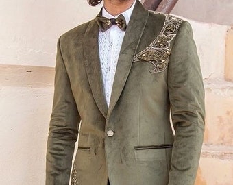 Olive green velvet tuxedo two piece suit for men | Wedding suit for men | Groom tuxedo | Grooms men suit | Prom wear | Dinner suit