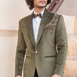 Olive green velvet tuxedo two piece suit for men | Wedding suit for men | Groom tuxedo | Grooms men suit | Prom wear | Dinner suit