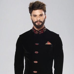 Black velvet laser embroidered indo western sherwani suit for men groom suit for wedding Indian men ethnic sherwani Indo for him image 1