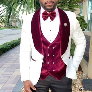White tuxedo with burgundy vest on sale