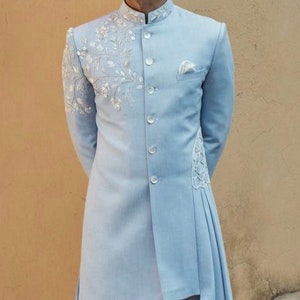Sky blue embroidered with frill Mens Indo suit Groom indowestern Wedding indo suit Prom wear Sherwani kurta Boys indo suit Men sherwani set