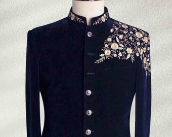 Resham broderade män sammet jodhpuri kostym