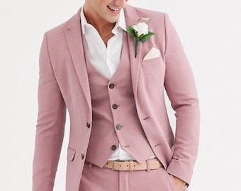 Pink linen three piece suit for men | Wedding suit vest for men | Groom tuxedo | Grooms men suit | Prom wear | Suit jacket | Dinner suit