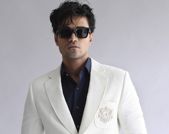 White pocket embroidered blazer for man | Royal jacket | Stylish coat | Casual jacket | Grooms men Jacket | Prom wear coat