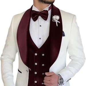 White men suit with maroon tuxedo vest and pants