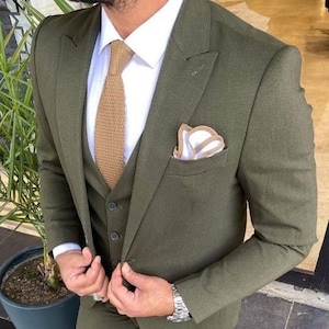 Olive Green Three-Piece Suit: Slim Fit Wedding Tuxedo