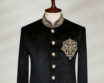 Hand embroidered black ban collar suit with black silk pants | Bandgala suit for wedding | African men wedding suit | jodhpuri suit for men