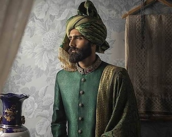 Embroidered Green Silk Sherwani Set: Indian Wedding Groom Outfit