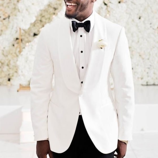 White tuxedo two pieces suit for men | Wedding suit for men | Groom tuxedo | Grooms men suit | Prom wear suit | Dinner suit | Boys jacket