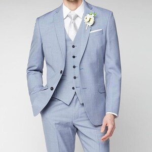 Sky blue linen three piece suit for men | Wedding suit vest for men | Groom tuxedo | Grooms men suit | Prom wear | Suit jacket | Dinner suit