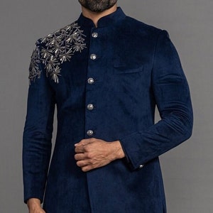 Blue Hand Embroidered Indo Western Suit: Groom Sherwani Kurta Set