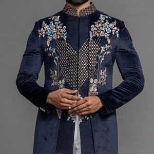 Hand embroidered indo western suit for wedding | Indo western sherwani set for groom | Designer sherwani for men | Front open indo suit men
