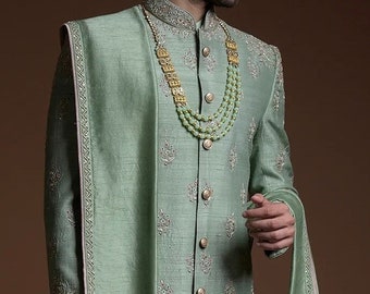 Pista Green Banarsi Silk Sherwani: Embroidered Indian Wedding Groom Suit