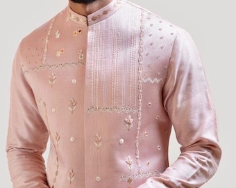 Pink coloured silk kurta set with jacet and pants for men