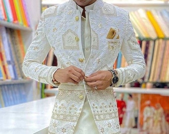 Cream embroidered Jodhpuri Suit Mens bandgala gala suit Men wedding suit Boys suit Two piece suit Groom suit African men wedding suit