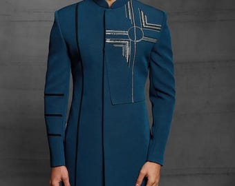 Teal Indo Western Suit: Silver Embroidery Wedding Indowestern Sherwani