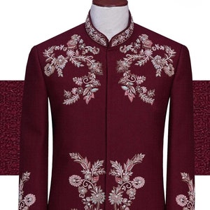 Maroon velvet haevy hand embroidered jodhpuri suit for men for groom and wedding