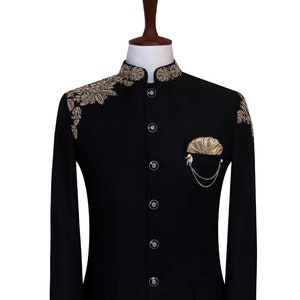 Black hand embroidered jodhpuri suit men for groom and wedding