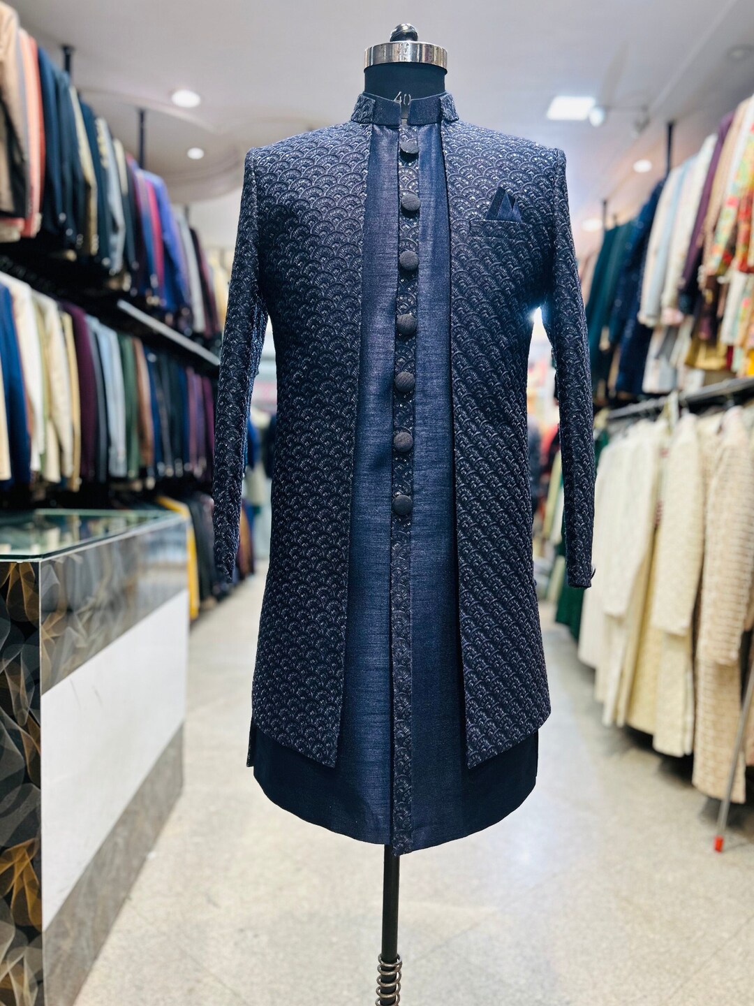 Navy Blue Silk Shrug Style Indowestern Sherwani With Labada and Pants ...