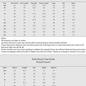 May include: Size chart for men's clothing, including measurements for shirts, pants, and trousers. The chart includes sizes from XXS to 6XL, with measurements in inches for chest, waist, hip, length, and sleeve length.
