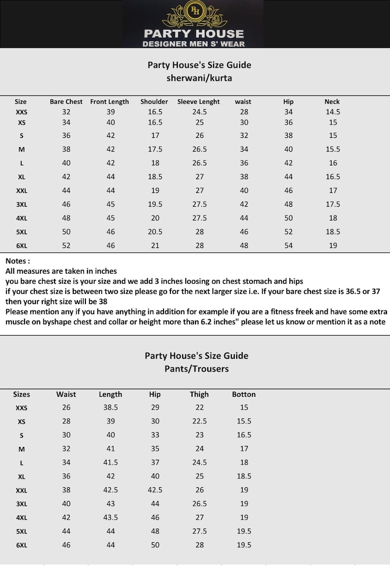 May include: Size chart for men's clothing, including measurements for shirts, pants, and trousers. The chart includes sizes from XXS to 6XL, with measurements in inches for chest, waist, hip, length, and sleeve length.