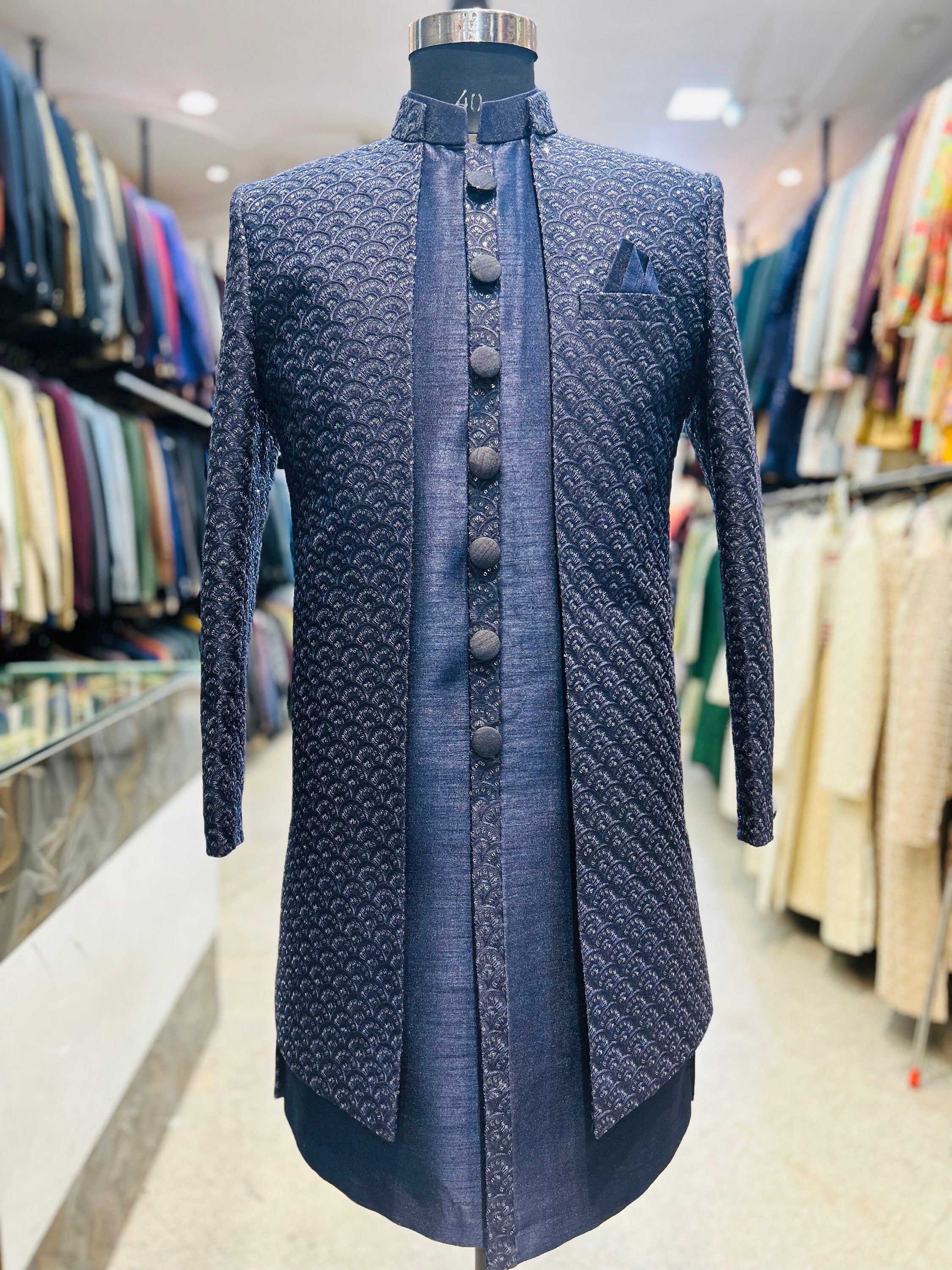 Navy Blue Silk Shrug Style Indowestern Sherwani With Labada and Pants ...
