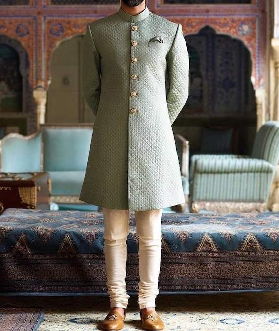 Sherwani Uomo 3 Pezzi Verde E Avorio: Tuta Elegante Indiana Kurta Taglia XL (44) - Sonisha